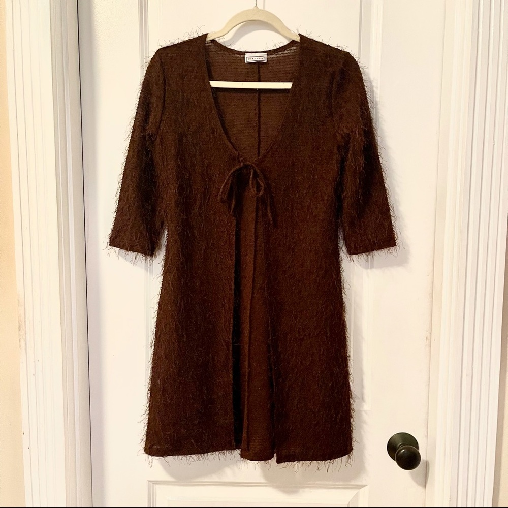 Brown Furry Eyelash Knit Fringe Duster Long Sweater Tie front Y2k Sz Small